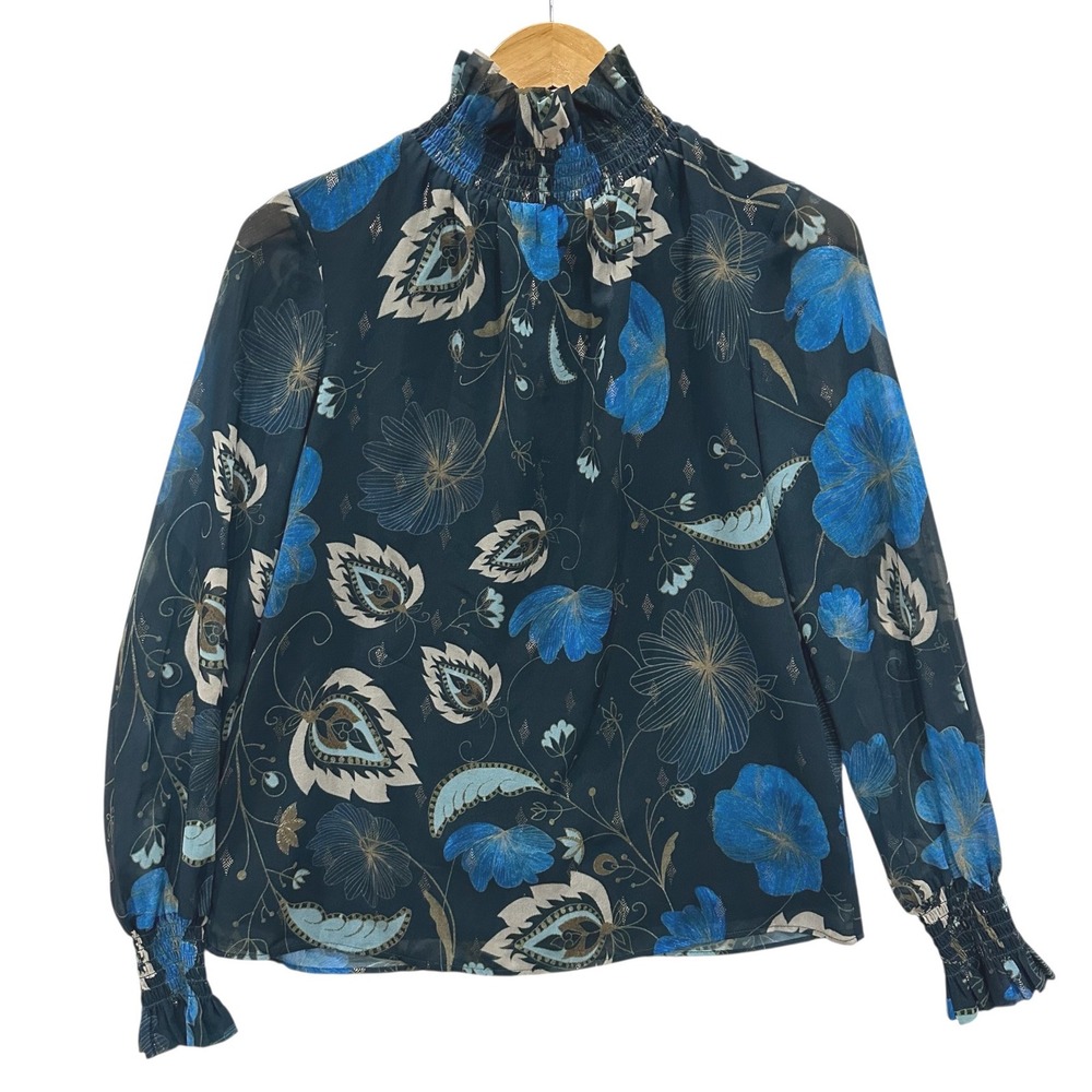 Tuckernuck Blouse Women's XS Blue Floral Paisley Smocked Ruffle Neck Cuffs